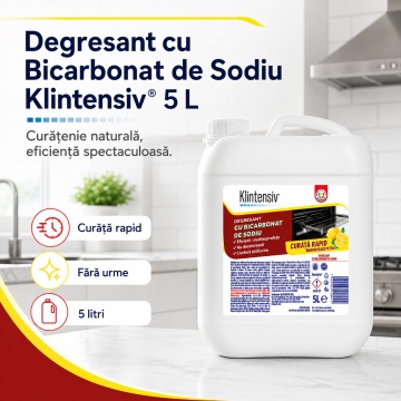 Degresant cu bicarbonat de sodiu Klintensiv, soluție profesională pentru grăsime arsă, pete și murdărie persistentă, fără parabeni, coloranți sau parfumuri artificiale, pentru bucătărie și suprafețe lavabile, 5 L, 4x Stickere - Img 2