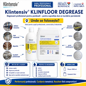Degresant pardoseli Klintensiv KLINFLOOR DEGREASE, concentrat profesional, pH alcalin, pentru uleiuri, grăsimi, murdărie industrială, gresie, beton, ceramică și hale, 1 L, 4x Stickere - Img 5
