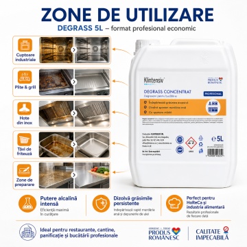 Degresant profesional Klintensiv DEGRASS, concentrat alcalin pentru cuptoare, grill-uri, plite, friteuze și echipamente HoReCa, utilizare manuală sau cu spumator, canistră 5 L, 4x Stickere - Img 2
