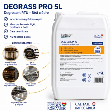 Degresant profesional Klintensiv DEGRASS Pro, soluție gata de utilizare pentru suprafețe dure, plastic, metal, lemn lăcuit, PAL melaminat, faianță, ceramică, marmură și granit, canistră 5 L, 4x Stickere - Img 2