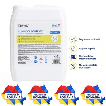 Degresant profesional pardoseli Klintensiv KLINFLOOR DEGREASE, concentrat alcalin, pentru hale industriale, ateliere, bucătării profesionale și industria alimentară, canistră 5 L, 4x Stickere