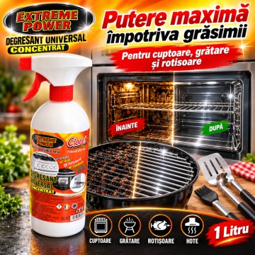 Degresant Universal Concentrat Cloret Extreme Power, pentru Aragaz, Hote, Cuptoare, Grătare, Rotisoare și Rosturi, Curățare Intensivă, Dizolva grasimea arsa, Fabricat în România, 1 L - Img 3