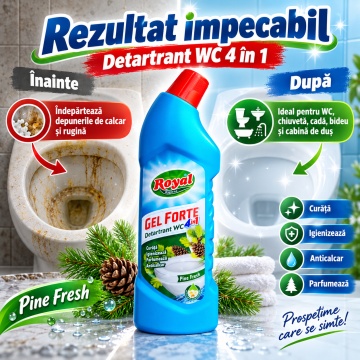 Detartrant WC 4 în 1 Royal Hygiene Gel Forte Pine Fresh, Curăță, Igienizează, Parfumează și Îndepărtează Calcarul, cu Extract Natural de Mușețel, Fabricat în România, 750 ml - Img 3