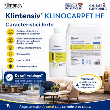 Detergent covoare și tapițerii Klintensiv KLINOCARPET HF, concentrat profesional, spumă activă, pentru mochetă, covoare, textile și scaune tapițate, parfum intens, 1 L, 4x Stickere - Img 5