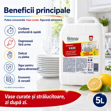 Detergent de vase Klintensiv, lichid concentrat profesional pentru spălare manuală, degresant pentru veselă, tăvi, tacâmuri, pahare și ustensile, canistră, 5 L, 4x Stickere - Img 3