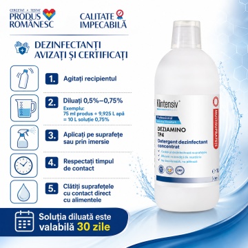 Detergent dezinfectant concentrat DEZIAMINO, TP4, pentru industria alimentară și HoReCa, bactericid, fungicid, levuricid și virucid, biodegradabil peste 90%, 1 L, 4x Stickere - Img 3