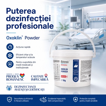 Detergent dezinfectant de nivel înalt Oxoklin Powder Klintensiv, pulbere profesională, bactericid, levuricid, fungicid, virucid, micobactericid și sporicid, pentru suprafețe, instrumentar și textile, 1 kg, 4x Stickere - Img 3