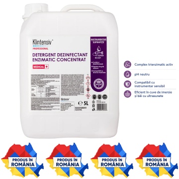 Detergent dezinfectant enzimatic profesional Klintensiv, concentrat, pentru endoscoape, instrumentar laparoscopic, dispozitive medicale neautoclavabile, cuve de imersie și băi cu ultrasunete, 5 L, 4x Stickere