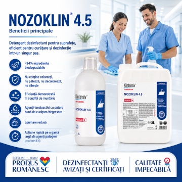 Detergent dezinfectant profesional pentru suprafețe și pavimente Nozoklin 4.5 Klintensiv, soluție 5%, pentru instituții, clinici, birouri, școli, HoReCa și spații comerciale, canistră 5 L, 4x Stickere - Img 2