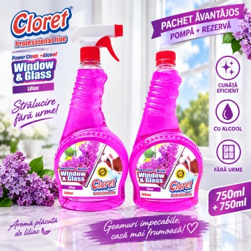 Detergent geamuri Cloret Window & Glass, Pulverizator + Rezerva, Soluție Profesională pentru Geamuri și Sticlă, Power Clean + Alcool, Fabricat în România, Liliac, 2x 750 ml - Img 3