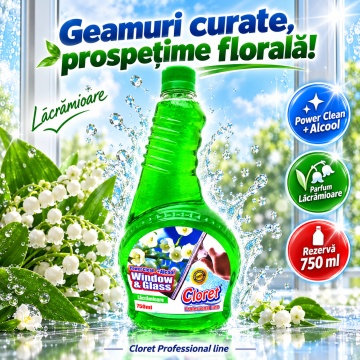 Detergent geamuri Cloret Window & Glass, Rezerva, Soluție Profesională pentru Geamuri și Sticlă, Power Clean + Alcool, Fabricat în România, Lacramioara, 750 ml - Img 3