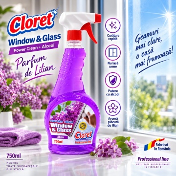 Detergent geamuri Cloret Window & Glass, Soluție Profesională pentru Geamuri și Sticlă, Power Clean + Alcool, Fabricat în România, Liliac, 750 ml - Img 3