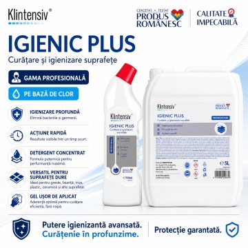Detergent igienizant profesional Klintensiv Igienic Plus, pe bază de hipoclorit, formulă gel pentru curățare intensivă, spații alimentare, medicale, instituționale și casnice, canistră 5 L, 4x Stickere - Img 3