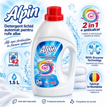 Detergent Lichid Automat pentru Rufe Albe Cloret Alpin White Power Gel cu Bicarbonat, Gel Concentrat, 2 în 1 + Anticalcar, 42 Spălări, Enzyme Technology, Fabricat în România, 1.5 L