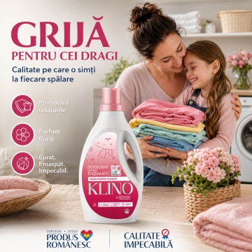Detergent lichid enzimatic pentru rufe colorate KLINO Klintensiv, eficient de la 20°C, fabricat in Romania, parfum floral, prospetime de durata, 57 spalari, 2 L, 4x Stickere - Img 6