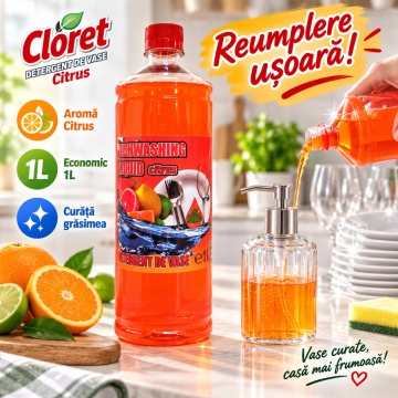 Detergent Lichid pentru Vase Cloret Dishwashing Liquid Citrus, Ideal pentru reumplere, Degresare și Curățare Eficientă, Aromă Citrus, 1 L - Img 3