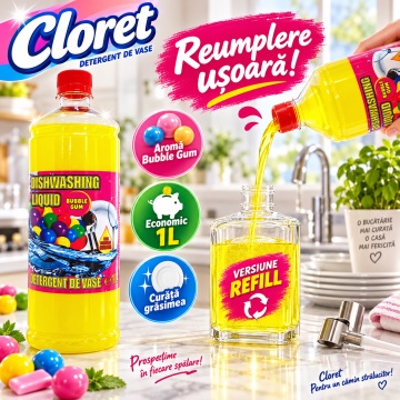 Detergent Lichid pentru Vase Cloret Dishwashing Liquid Citrus, Ideal pentru reumplere, Degresare și Curățare Eficientă, Aromă Bubble Gum, 1 L - Img 3