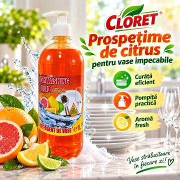 Detergent Lichid pentru Vase Cloret Dishwashing Liquid Citrus, Degresare și Curățare Eficientă, Aromă Citrice, 1 L - Img 3