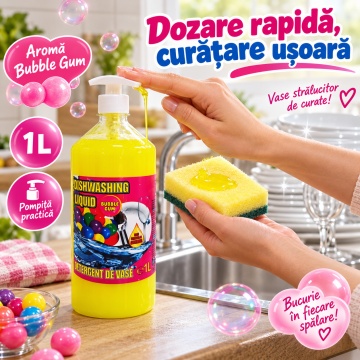 Detergent Lichid pentru Vase Cloret Dishwashing Liquid Citrus, Degresare și Curățare Eficientă, Aromă Bubble Gum, 1 L - Img 3