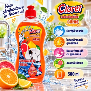 Detergent Lichid pentru Vase Cloret Dishwashing Liquid Citrus, Degresare și Curățare Eficientă, Aromă Citrice, 500 ml - Img 3