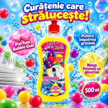 Detergent Lichid pentru Vase Cloret Dishwashing Liquid Citrus, Degresare și Curățare Eficientă, Aromă Bubble Gum, 500 ml - Img 3