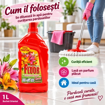 Detergent Pardoseli Cloret Buchet Oriental, Curățare Zilnică, Fără Clătire, pentru Mop și Lavetă, Parfum Oriental Intens, Fabricat în România, 1 L - Img 3