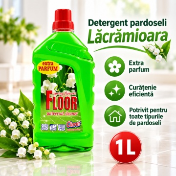 Detergent Pardoseli Cloret Lăcrămioară, Curățare Zilnică, Fără Clătire, pentru Mop și Lavetă, Parfum Floral Proaspăt, Fabricat în România, 1 L