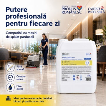 Detergent pardoseli Klintensiv KLINFLOOR DAILY, concentrat, parfum lavandă, fără spumare, fără clătire, pentru gresie, marmură, granit, parchet laminat, vinil și linoleum, 1 L, 4x Stickere - Img 5