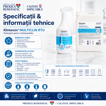 Detergent profesional multisuprafețe Klintensiv MultiClin RTU, soluție degresantă gata de utilizare, pentru suprafețe dure lavabile, birouri, hoteluri, clinici, restaurante și spații comerciale, canistră 5 L, 4x Stickere - Img 3