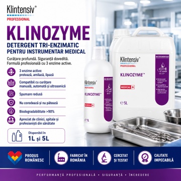 Detergent tri-enzimatic pentru instrumentar medical Klinozyme Klintensiv Professional, concentrat, cu protează, amilază și lipază, pH neutru, pentru curățare manuală, ultrasonică și automată, 1 L, 4x Stickere - Img 2