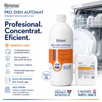Detergent vase pentru mașini automate Klintensiv PRO DISH, profesional alcalin, concentrat, spumare redusă, pentru grăsime întărită, pete de cafea, ceai, ou și amidon, 1 L, 4x Stickere - Img 5