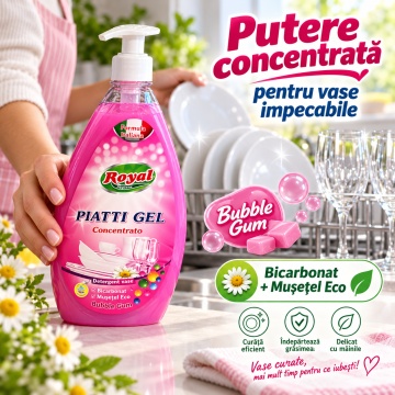 Detergent Vase Profesional Concentrat Royal Hygiene Piatti Gel Concentrato Bubble Gum, cu Bicarbonat și Mușețel, Formulă Eco Italiană, Fabricat în România, 800 ml - Img 3