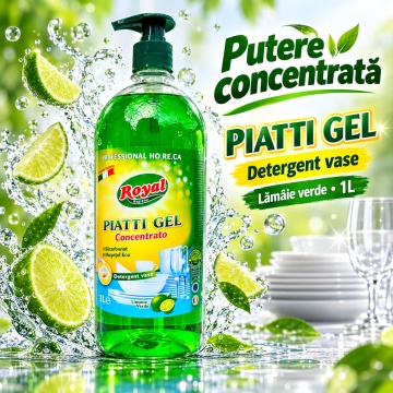 Detergent Vase Profesional Concentrat Royal Hygiene Piatti Gel Concentrato Lămâie Verde, Concentrat HoReCa, cu Bicarbonat și Mușețel, Formulă Eco Italiană, Fabricat în România, 1 L - Img 3