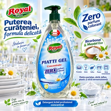 Detergent Vase Profesional Concentrat Royal Hygiene Piatti Zero, Fără Parfum și Coloranți, cu Bicarbonat și Mușețel, Formulă Eco Italiană, Fabricat în România, 800 ml - Img 3