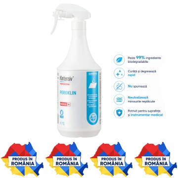 Dezinfectant de nivel înalt Peroklin Klintensiv, profesional, pentru suprafețe, instrumentar și dispozitive medicale, bactericid, levuricid, fungicid, virucid, micobactericid, tuberculocid și sporicid, 1 L, 4x Stickere
