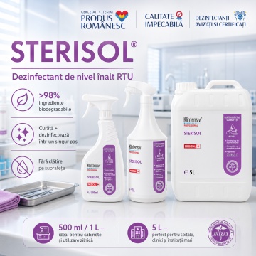 Dezinfectant de nivel înalt Sterisol RTU Klintensiv, gata de utilizare, pentru suprafețe, pavimente și instrumentar, bactericid, fungicid, virucid, micobactericid și sporicid, 1 L, 4x Stickere - Img 2