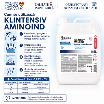 Dezinfectant detergent concentrat Klintensiv Aminoind, pentru HoReCa, producție alimentară, depozite și echipamente, TP4, biodegradabil 90%, canistră 5 L, 4x Stickere - Img 3
