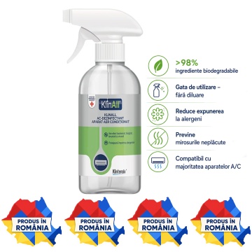Dezinfectant pentru Aer Condiționat KlinAll Klintensiv, soluție gata de utilizare, bactericidă, fungicidă, levuricidă, micobactericidă și virucidă, pentru unități interioare A/C, 500 ml, 4x Stickere