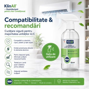 Dezinfectant pentru Aer Condiționat KlinAll Klintensiv, soluție gata de utilizare, bactericidă, fungicidă, levuricidă, micobactericidă și virucidă, pentru unități interioare A/C, 1 L, 4x Stickere - Img 5