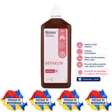Dezinfectant profesional mâini și piele Betaklin Klintensiv, iod povidonă 7,5%, pentru spitale, clinici, cabinete medicale, saloane și reumplere dozatoare, aviz biocid, 1 L, 4x Stickere