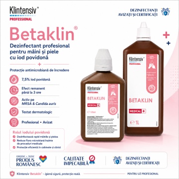 Dezinfectant profesional mâini și piele Betaklin Klintensiv, iod povidonă 7,5%, pentru spitale, clinici, cabinete medicale, saloane și reumplere dozatoare, aviz biocid, 1 L, 4x Stickere - Img 2