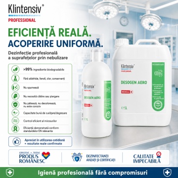 Dezinfectant profesional pentru suprafețe prin nebulizare Desogen Aero Klintensiv, ceață uscată, gata de utilizare, bactericid, levuricid, fungicid, virucid, micobactericid, tuberculocid și sporicid, 1 L, 4x Stickere - Img 2