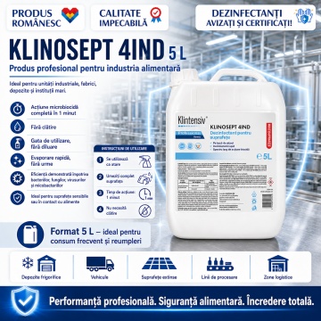 Dezinfectant profesional suprafețe Klinosept 4Ind, alcool 85% etanol, pentru industria alimentară, HoReCa, depozite frigorifice și procesare alimente, fără clătire, canistră 5 L, 4x Stickere - Img 2