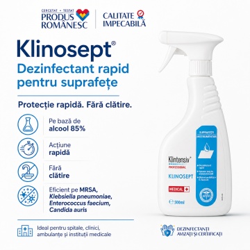 Dezinfectant rapid suprafețe Klinosept Klintensiv Professional, pe bază de alcool 85%, bactericid, levuricid, fungicid, virucid, micobactericid și tuberculocid, fără clătire, aviz biocid, 500 ml, 4x Stickere - Img 2