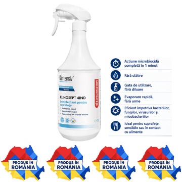 Dezinfectant suprafețe alimentare Klinosept 4Ind, soluție profesională cu 85% etanol, fără clătire, bactericid, fungicid, virucid și micobactericid, HoReCa, 1 L, 4x Stickere