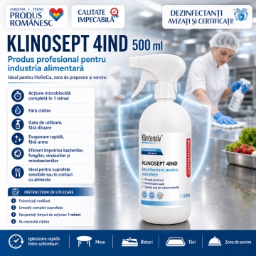 Dezinfectant suprafețe industria alimentară Klinosept 4Ind, pe bază de alcool, 85% etanol, fără clătire, acțiune microbiocidă în 1 minut, HoReCa și procesare alimente, 500 ml, 4x Stickere - Img 2
