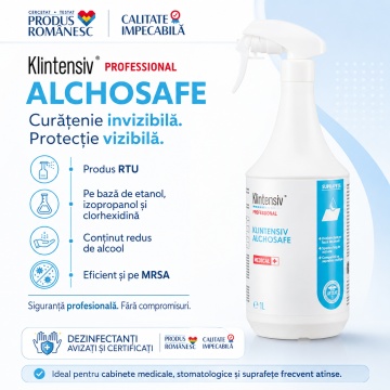 Dezinfectant suprafețe Klintensiv Alchosafe, cu 36% etanol, 24% izopropanol și 0,5% clorhexidină, pentru suprafețe medicale și amprente dentare, aviz biocid, 1 L, 4x Stickere - Img 2