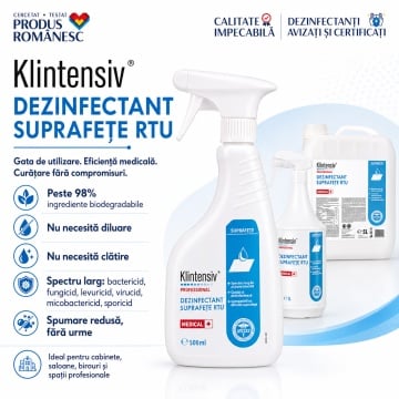 Dezinfectant Suprafețe Klintensiv RTU, soluție profesională gata de utilizare, pentru suprafețe dure, pavimente, spitale, clinici, HoReCa și firme de curățenie, 1 L, 4x Stickere - Img 2