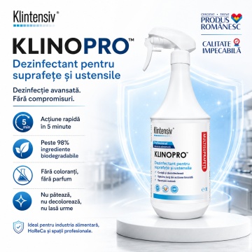 Dezinfectant suprafețe și pavimente Klinopro, soluție profesională pentru industria alimentară, bactericid, fungicid și virucid în 5 minute, peste 98% ingrediente biodegradabile, 1 L, 4x Stickere - Img 2