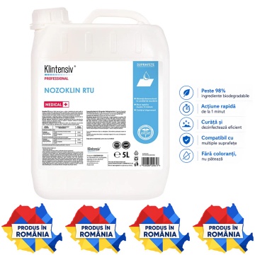 Dezinfectant suprafețe și pavimente Nozoklin RTU Klintensiv, profesional, pentru spitale, clinici, cabinete stomatologice, instituții și spații cu trafic intens, aviz biocid, canistră 5 L, 4x Stickere